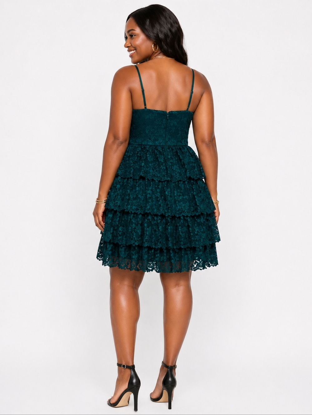 Green Lace Tiered Spaghetti-Strap Dress Size 10 - Picture 2 of 4